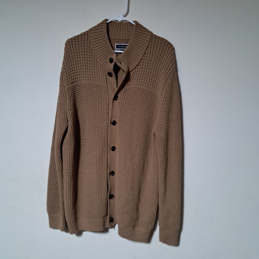 Club Room Men Cotton ButtonUp Chunky knit Heavyweight Brown cardigan mockneck XL